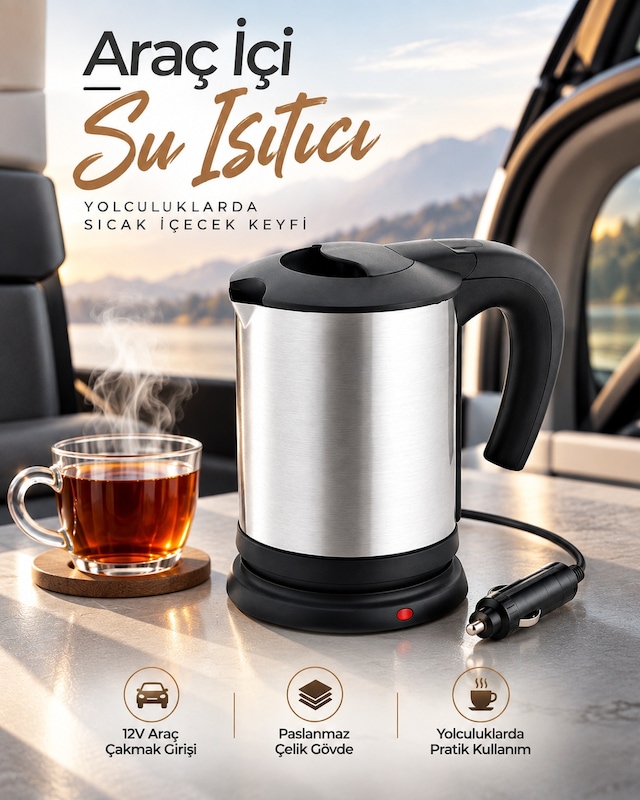 Araç İçi Kullanıma Uygun 12v Elektrikli Su Isıtıcı Paslanmaz Çelik Gövdeli Pratik Kettle - Bayi Depom