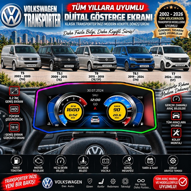 Volkswagen Transporter 2002-2026 Model Uyumlu Harici Digital Gösterge Odb Ekran Arıza Göstergesi Turbo Gösterge Hayalet Ekran