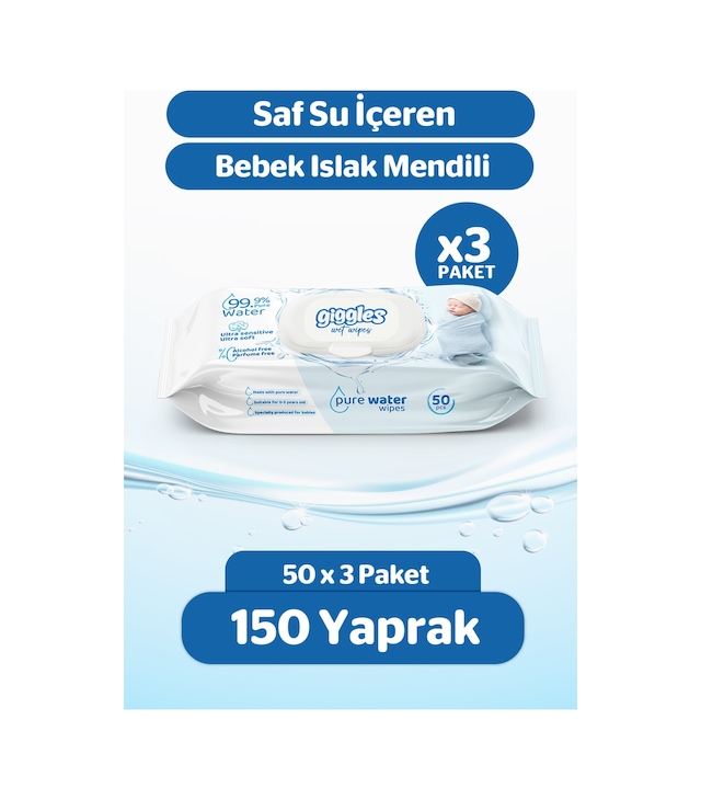 Giggles Pure Water Bebek Islak Havlusu Saf Su Mendil 3 Paket 150 Adet 3'lü Set