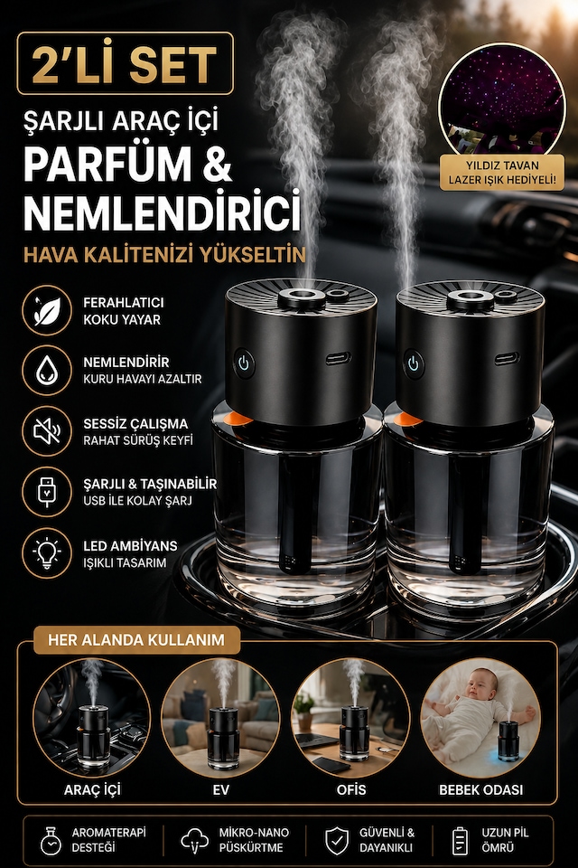 Araç İçi Hava Nemlendirici Ve Koku Difüzörü Usb Şarjlı Sessiz Çalışma 140 Ml 2 Adet