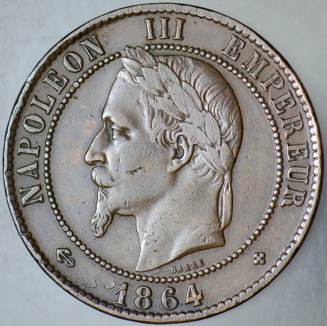 Fransa 10 Centimes 1864 Bb Strasbourg.