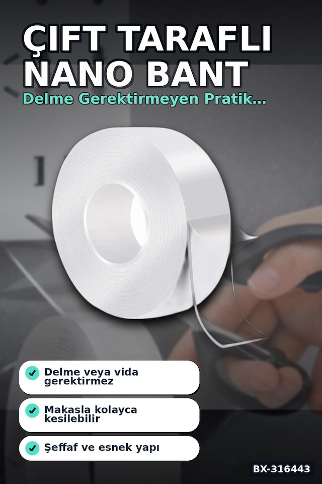 Nano Bant Çift Taraflı Su Geçirmez Güçlü Tutucu Montaj Bandı 2 M X 3 Cm Bx-316443 Diğer