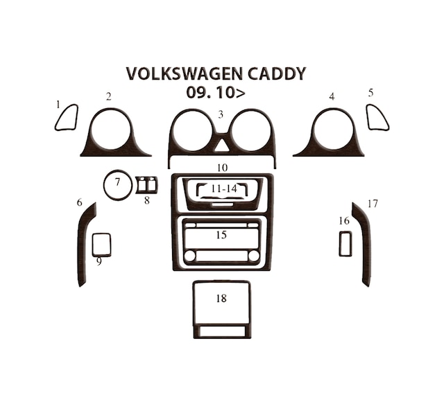 Volkswagen Caddy Torpido Kaplama 2010 18 Parça Koyu Meşe