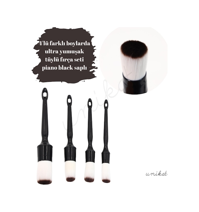 4'lü Hassas Araç Fırça Seti Yumuşak Başlıklar - Piano Black Saplı, Beyaz Tüylü 1 Adet