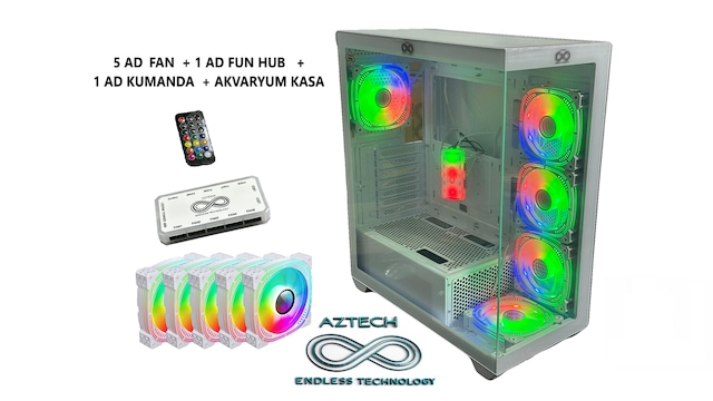 Aztech AZT13 TEMPER CAM SWITCH FAN UZAKDAN KUMANDA AKVARYUM GAMIN 5x Fans RGB White 600W PSU