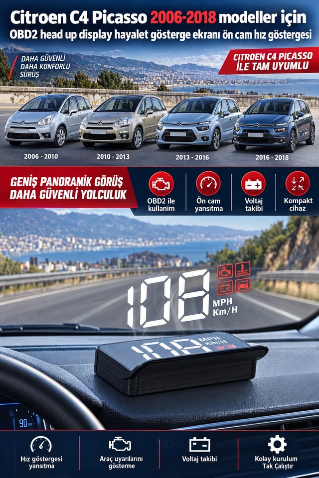 Citroen C4 Picasso 2006-2018 Modeller İçin Obd2 Head Up Display Hayalet Gösterge Ekranı Ön Cam Hız Göstergesi