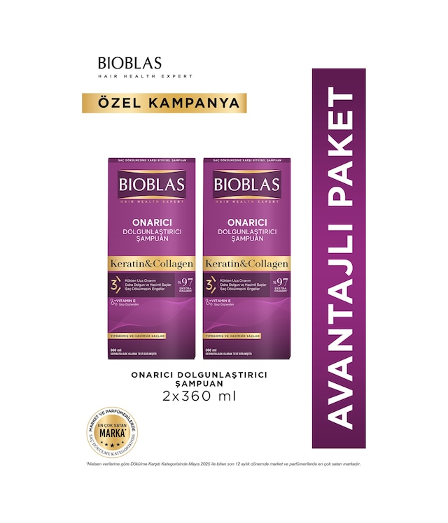 Keratin & Kolajen Onarıcı Dolgunlaştırıcı Saç Bakım Şampuanı 2 X 360 Ml İnce Ve Yıpranmış Saçlar
