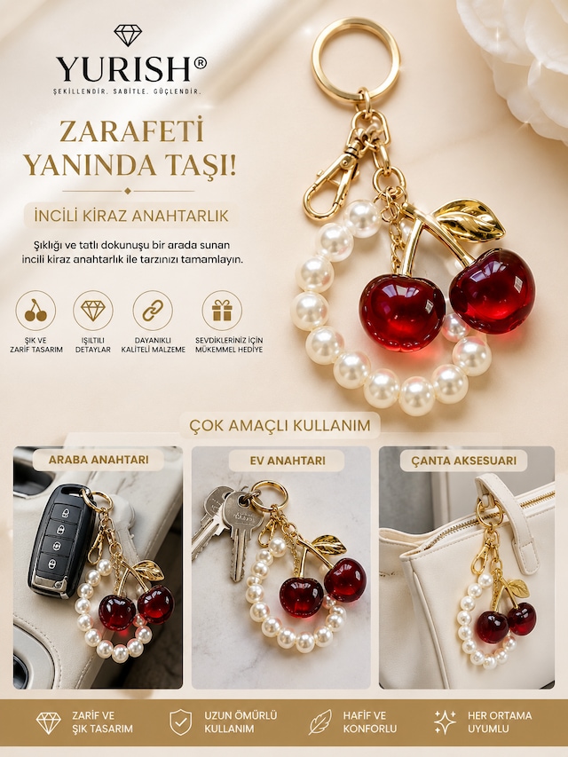Kadın Gold Bordo Kırmızı Simli İnci Detaylı Kiraz Meyve Figürlü Charm Anahtarlık Çanta Süsü