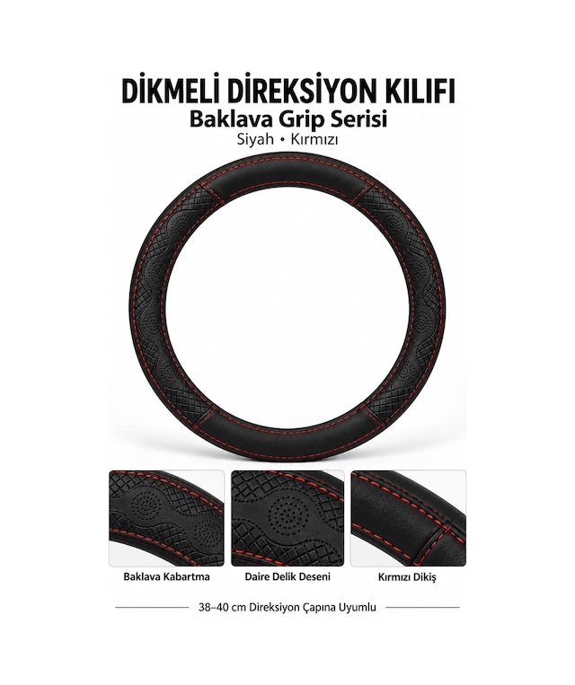 Trobus Universal 38-40 Cm Dikmeli Direksiyon Kılıfı Baklava Grip Siyah Kırmızı