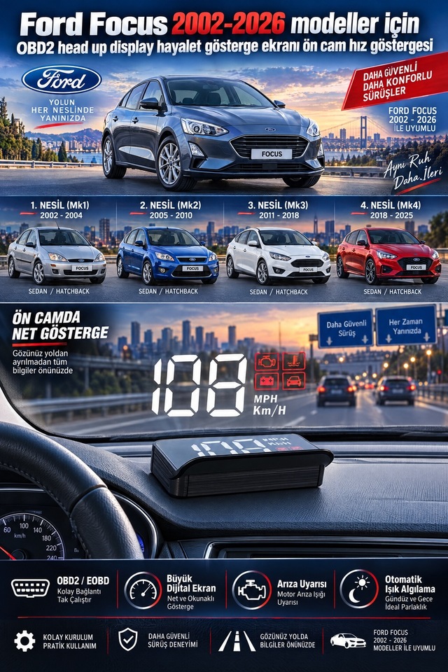 Ford Focus 2002-2026 Modeller İçin Obd2 Head Up Display Hayalet Gösterge Ekranı Ön Cam Hız Göstergesi