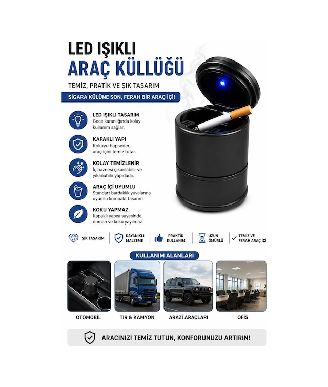 3b Trend Led Işıklı Araç Küllüğü Kapaklı Bardaklık Uyumlu Kokusuz Araç İçi Sigara Küllüğü Siyah