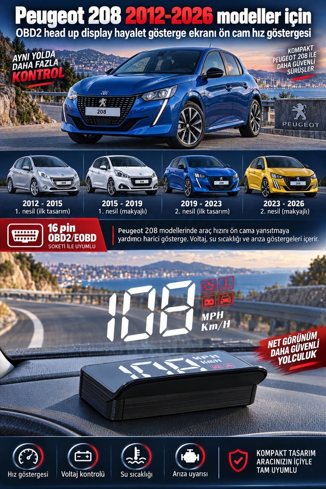 Peugeot 208 2012-2026 Modeller İçin Obd2 Head Up Display Hayalet Gösterge Ekranı Ön Cam Hız Göstergesi