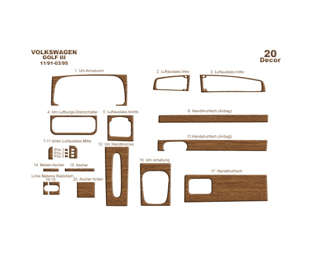 Volkswagen Golf 3 Torpido Kaplama 1991-1995 20 Parça Açık Meşe