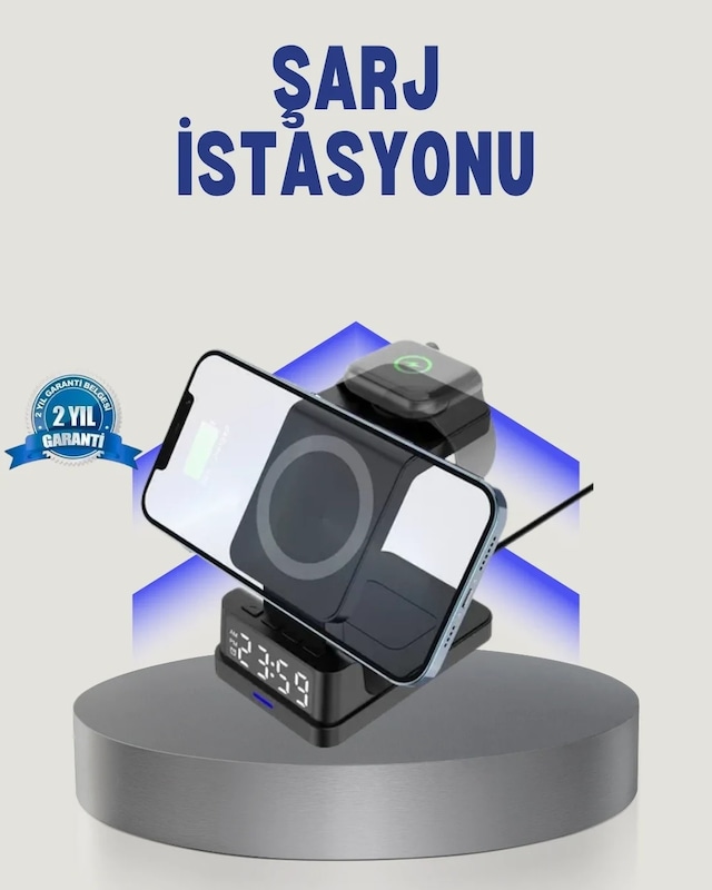 Ers Kablosuz Şarj Cihazı Ve Dijital Saat 4 Ü 1 Arada Hızlı Şarj, Led Işıklı Tasarım