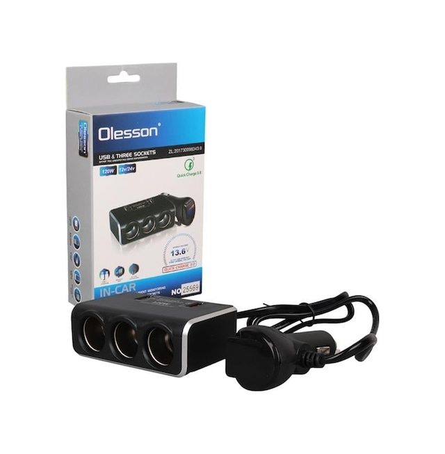 Olesson 1639 12-24v Çift Usb Girişli Hızlı Şarj Destekli 120w 80cm Kablolu Dijital Voltaj Ekranlı 3'lü Araç Çakmak Çoklayıcı