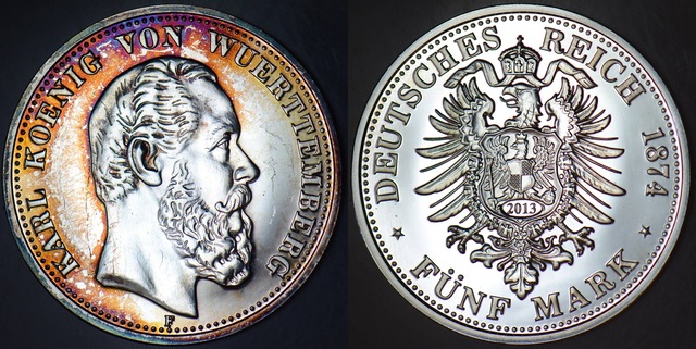 Replika Almanya-württemberg 5 Mark 1874 Çok Nadir Paranın 2013 Tarihli Kopyası. Gümüş Kaplama 33 Mm. Çilaltı++