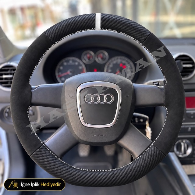 Audi A3 8p Dikme Direksiyon Kılıfı Alcantara Süet Mat Karbon Beyaz Yüzük Ve Dikiş 4 Kollu Tuşsuz 2003-2008