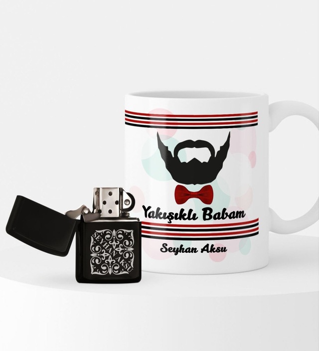 Kişiye Özel Yakışıklı Babam Benzinli Çakmak ve Kupa Seti-3
