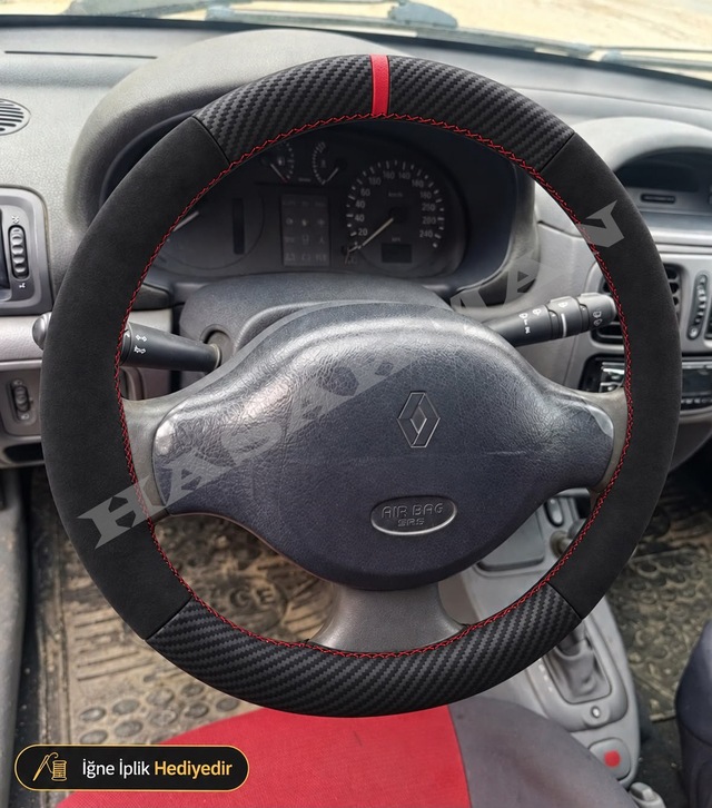 Renault Clio 2 Dikme Direksiyon Kılıfı Alcantara Süet Mat Karbon Kırmızı Yüzük Ve Dikiş Rna-rta 1998-2001