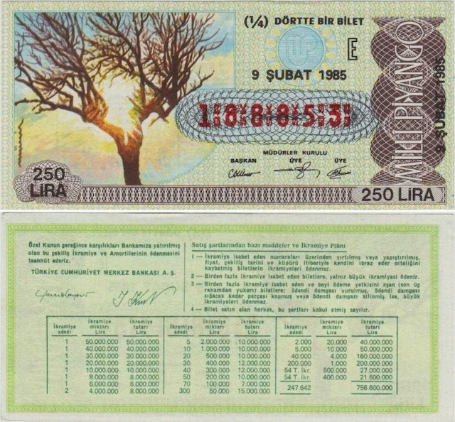 Eski Milli Piyango Bileti 9 Şubat 1985 Çeyrek 1/4 Bilet 250 Lira. Çil Kondisyon.