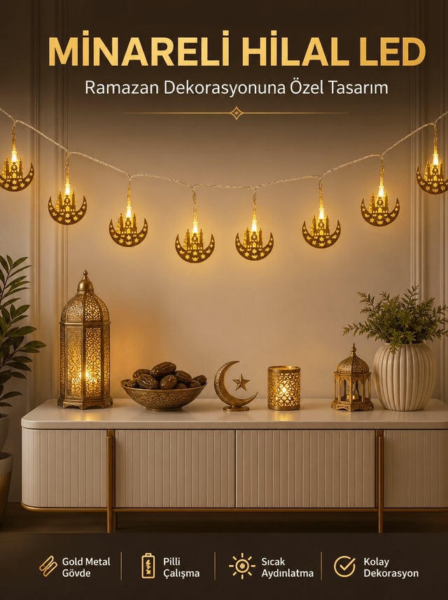 Dekoratif Minareli Hilal Led Işık Metal Gövdeli Ramazan Aydınlatm