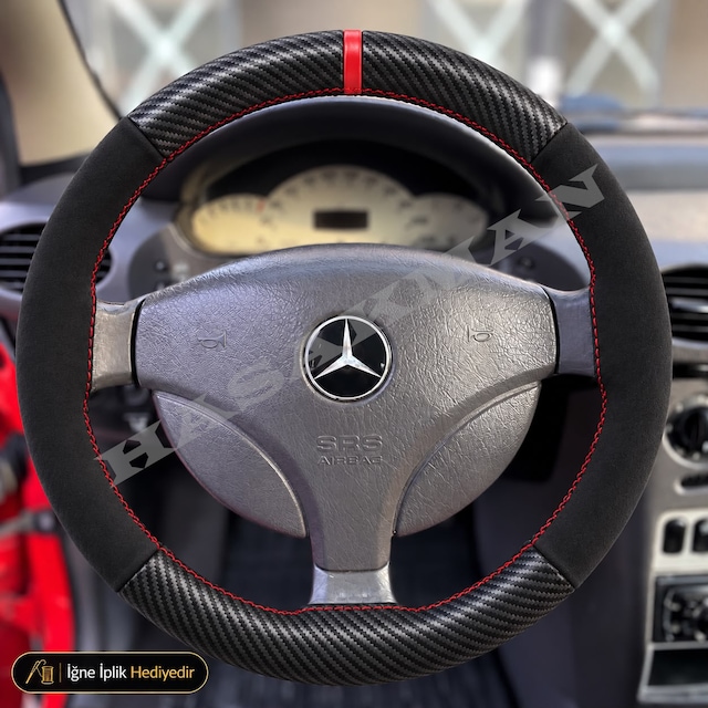 Mercedes A W168 Dikme Direksiyon Kılıfı Alcantara Süet Mat Karbon Kırmızı Yüzük Ve Dikiş 3 Kollu-geniş Üçgenimsi-tuşsuz 1997-2004
