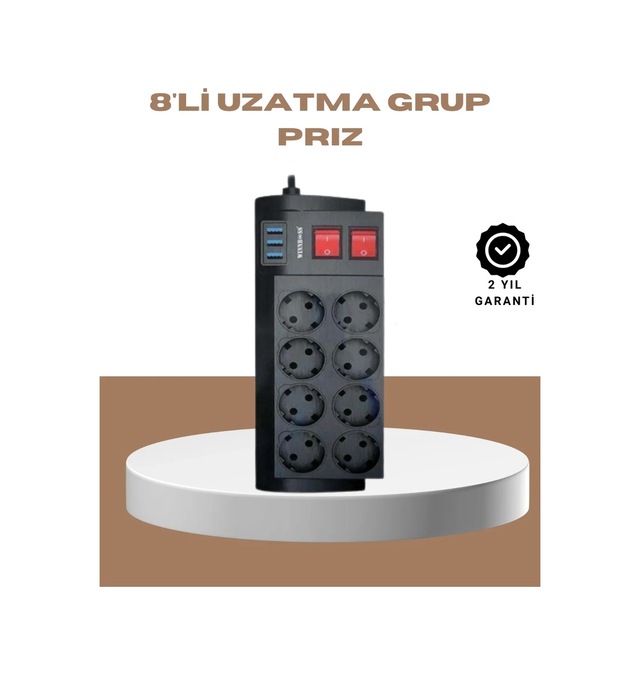 Ers Güçlü Termal Korumalı 8 Priz + 3 Usb Çoklu Uzatma Kablosu 2m