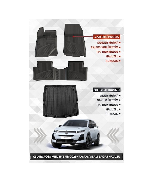 Citroen C5 Aircross Mild Hybrid 2025+ Uyumlu 4.5d Sahler Premium Havuzlu Paspas Ve Liner Marka Alt Bagaj Havuzu