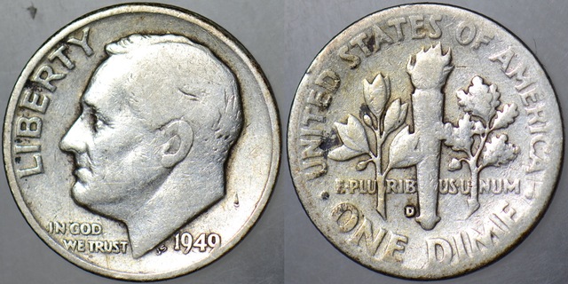 Amerika 1 Dime 1949 D Gümüş One Dıme. Roosevelt Portreli. 2,45 Gr.