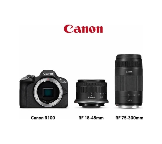 Canon R100 Aynasız Fotoğraf Makinesi RF 18 - 45 + RF 75 - 300 Double Lens Kit