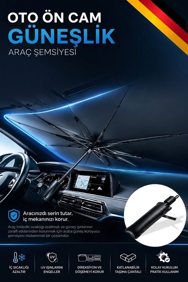 Araç Ön Cam Güneşliği Şemsiyesi Katlanabilir Oto Güneşlik Perdesi Uv Korumalı Isı Önleyici 0918 136cmx75cm