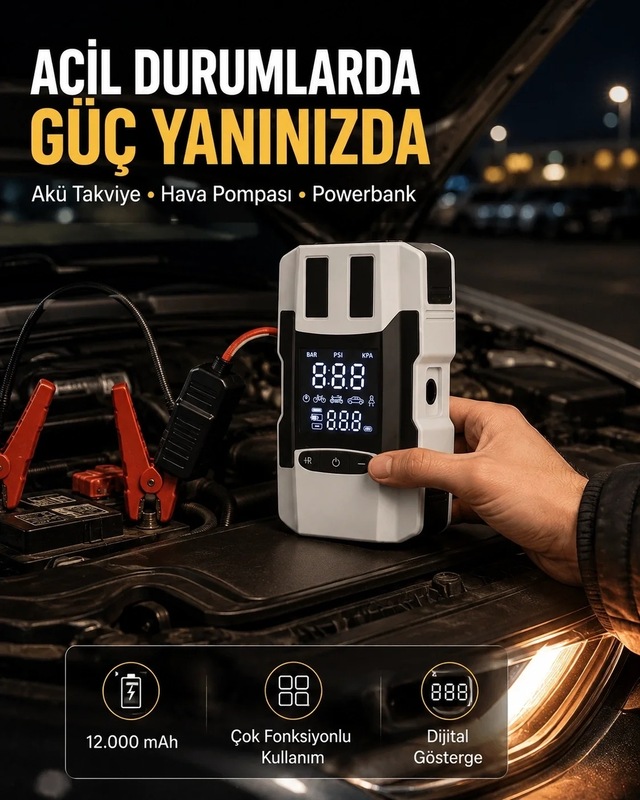Ers Dijital Ekranlı Araç Pompası Akü Takviye Powerbank 12.000 Mah Yeni Nesil