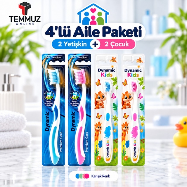 Dynamic Aile Paketi Diş Fırçası Seti 4 Adet 2 Yetişkin Medium + 2 Çocuk Extra Soft Karışık Renk