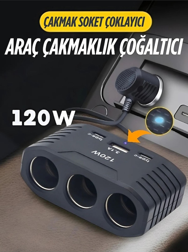3 Lü Çakmak Soketi 120w Çakmaklık Çoğaltıcı 2 Usb 1 Type-c Araç Şarj Cihazı Çakmak Çoklayıcı