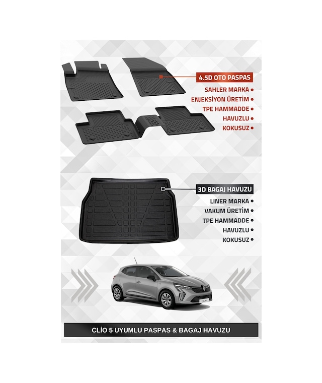 Sahler Renault Clio 5 2020-2025 Arası Uyumlu 4.5D SAHLER Premium Havuzlu Paspas ve Liner Marka 3D Bagaj Havuzu - Clio