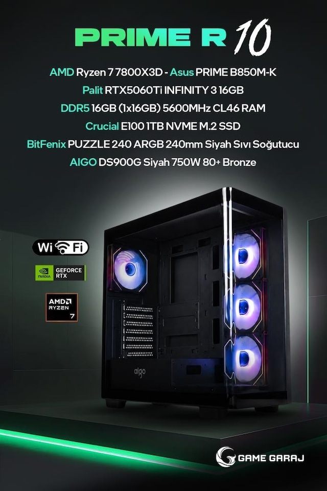 Game Garaj PRIME-R10 Ryzen 7 7800X3D RTX 5060 TI 16GB RAM 1TB SSD