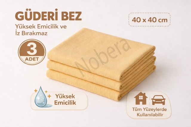 Nobera 3 Adet Güderi Bez 40x40 Cm 250 Gsm Yüksek Emicili Oto Araba Kurulama Cam Silme İz Bırakmayan Temizlik Bezi