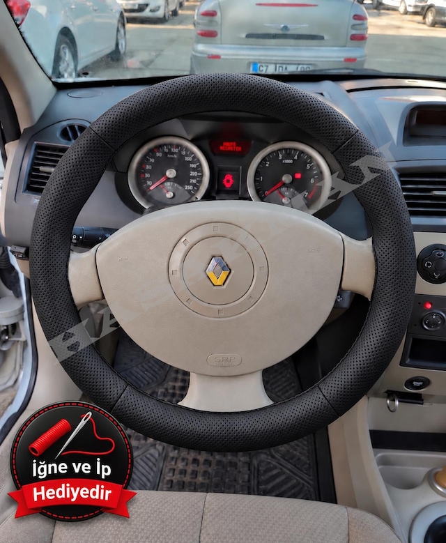 Renault Kangoo 2 Dikme Direksiyon Kılıfı Premium Komple Delikli Deri Siyah Dikiş 2008-2012