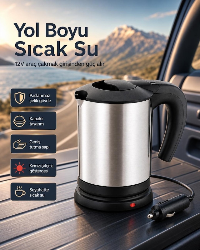 Günlük Kullanım İçin 12v Araç Uyumlu Paslanmaz Çelik Elektrikli Su Isıtıcı Kettle