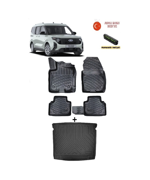 Ford Tourneo Courier 2024 Sonrası Uyumlu 3d Havuzlu Paspas Ve 3d Bagaj Havuzu Seti Asma Koku Ve Numaratör li