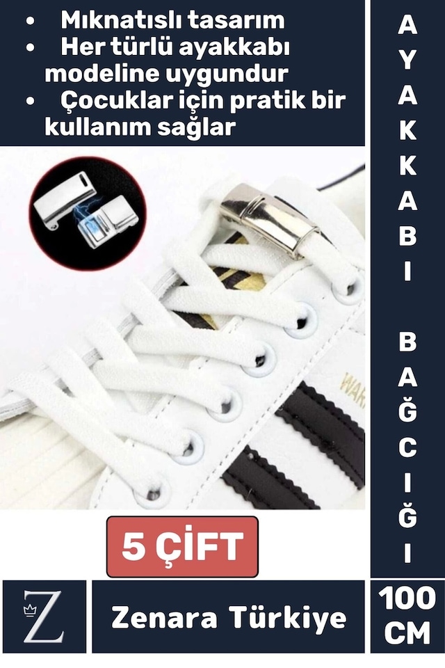 Zenara Tüm Yaşlar İçin Şık Klipsli Manyetik Lastikli Pratik Mıknatıslı Çocuk Ayakkabı Bağcığı 100 Cm-5 Çift Çok Renkli