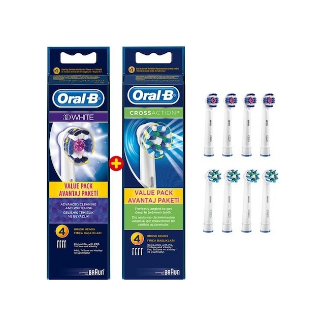 Oral-B 3D White Diş Fırçası Yedek Başlık 4'lü + Cross Action Diş Fırçası Yedek Başlık 4'lü