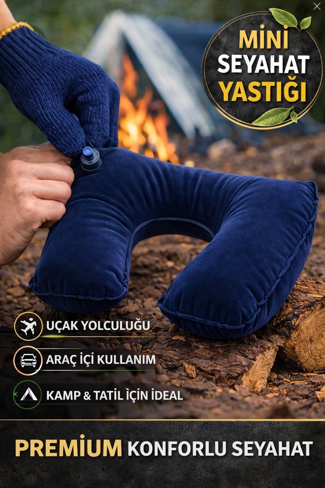 Lacivert Şişme Seyahat Boyun Yastığı Uçak Araç Kamp İçin Ergonomik Taşınabilir Travel Yastık