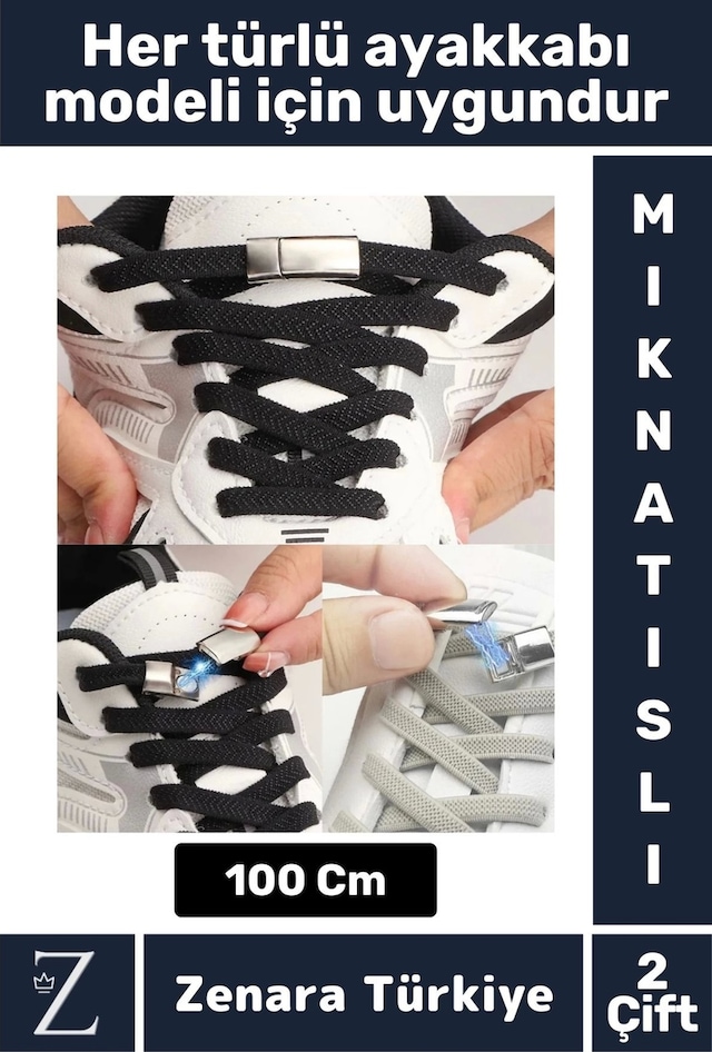 Zenara Premium Pratik Şık Klipsli Manyetik Mıknatıslı Lastikli Çocuk Ayakkabı Bağcığı 100 Cm 2 Çift Çok Renkli