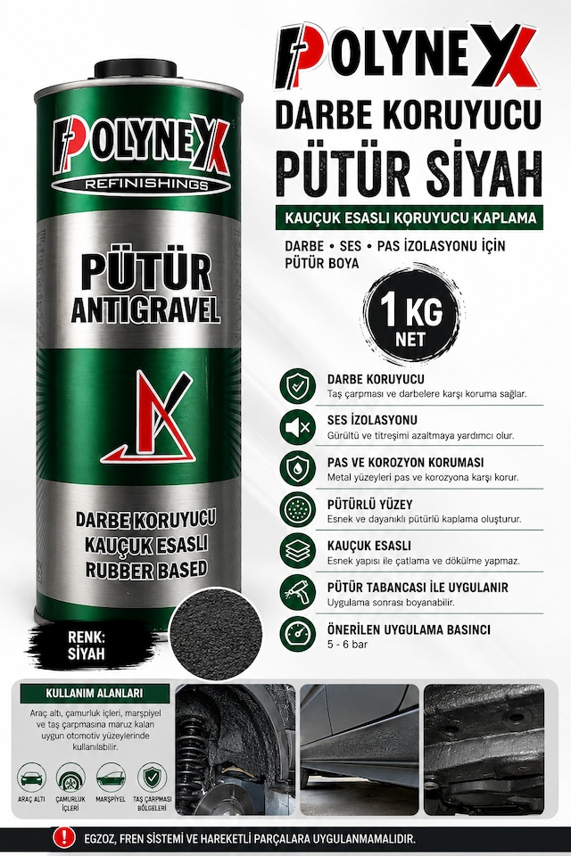 Polynex Darbe Koruyucu Pütür Siyah Kauçuk Esaslı Darbe Ses Pas İzalasyonu İçin Pütür Oto Boya 1 Kg