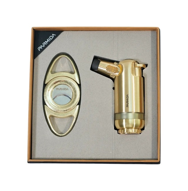 Parmida 3 Torch Gold Masa Tipi Çakmak Fırçalı Gold Kesici İkili Puro Seti Tr9857