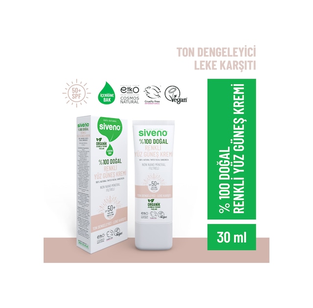 Siveno %100 Doğal Yüz Güneş Kremi Renkli Ton Eşitleyici Leke Karşıtı Uva Uvb Spf 50+ 30 ML