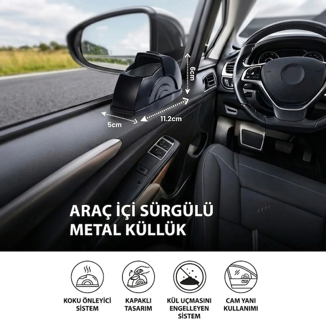 Go İthalat Araç İçi Salyangoz Küllük Sürgülü Kapaklı, Metal Hazneli, Koku Yayılımını Azaltmaya Yar