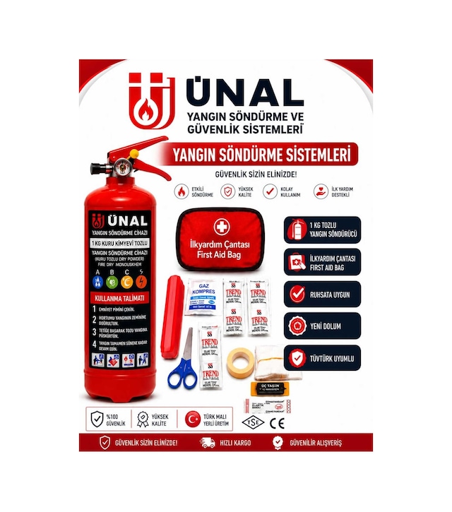 Yangın Söndürme Tüpü Seti 1 Kg Kuru Kimyevi Tozlu Yangın Söndürücü + İlk Yardım Çantası