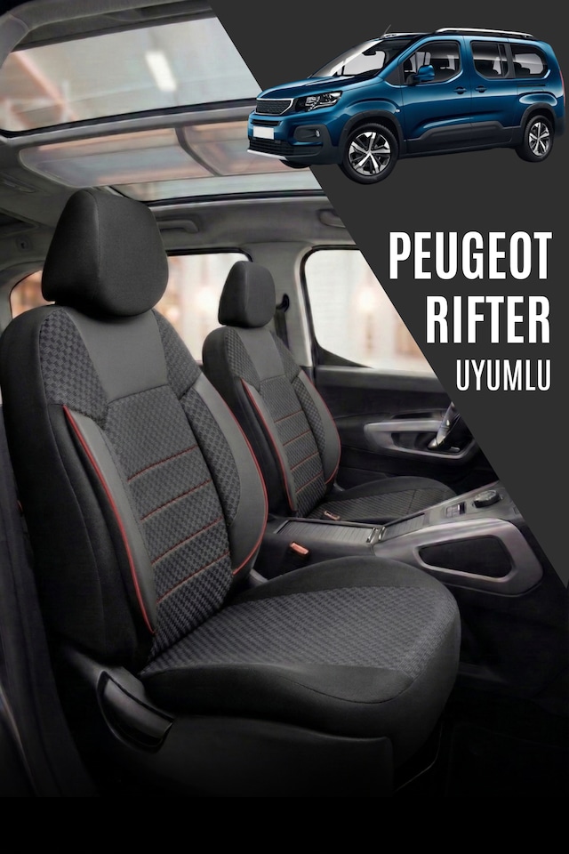 Peugeot Rifter Uyumlu Pamuklu Kumaş Araca Özel Oto Koltuk Kılıfı Tam Set Siyah-Kırmızı